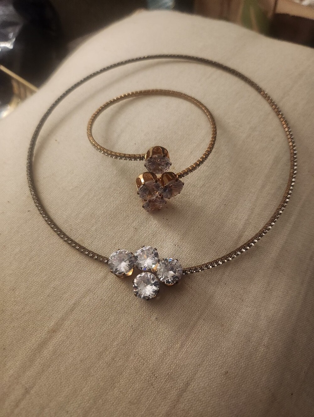 Gold-Tone Necklace Choker and Bracelet Set with Clear Crystal Clusters